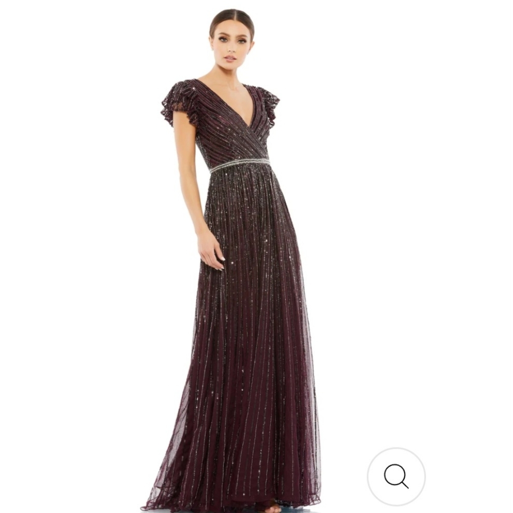 Mac Duggal Sequined Wrap Over Ruffled Cap Sleeve Evening Gown